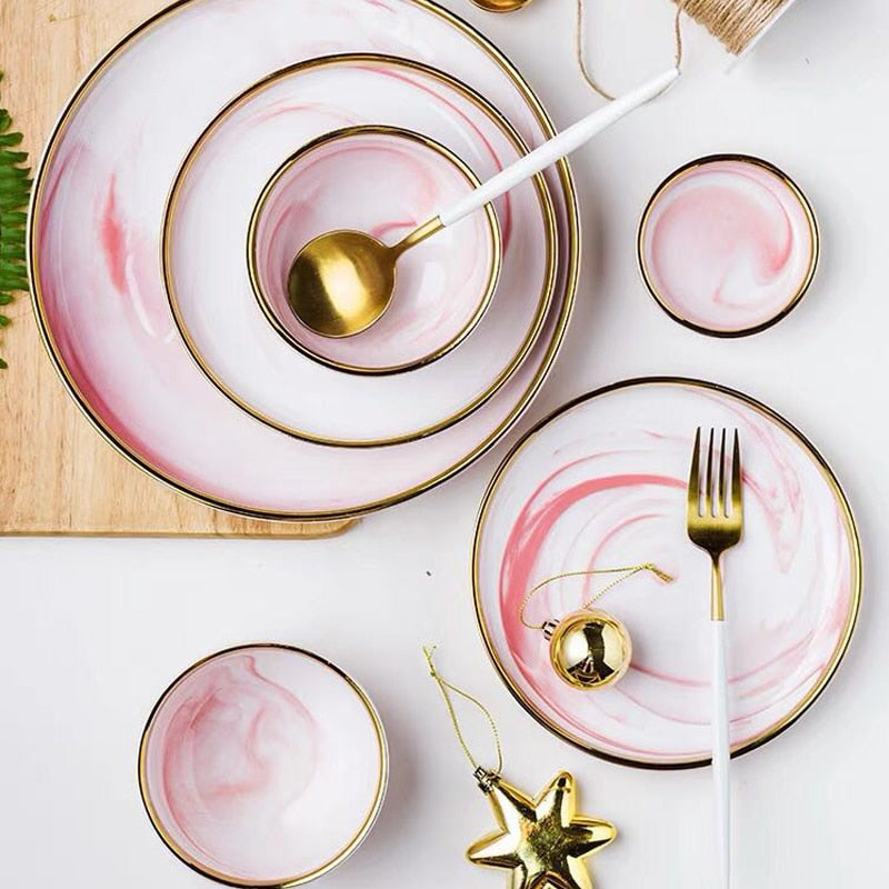 Pretty in Pink Marble Ceramic Plate Set - Elegant and Modern Dinnerware