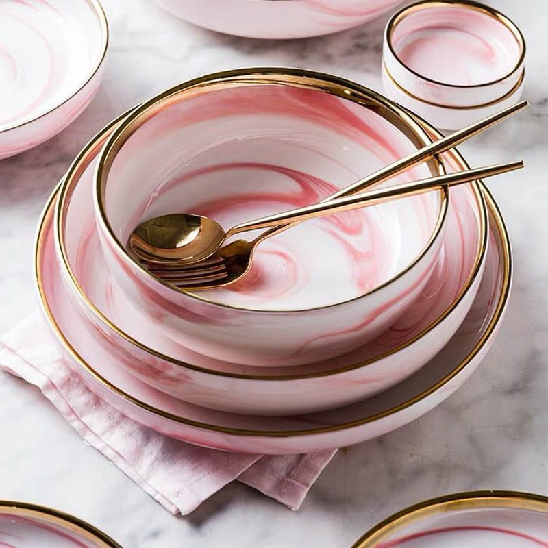 Pretty in Pink Marble Ceramic Plate Set - Elegant and Modern Dinnerware